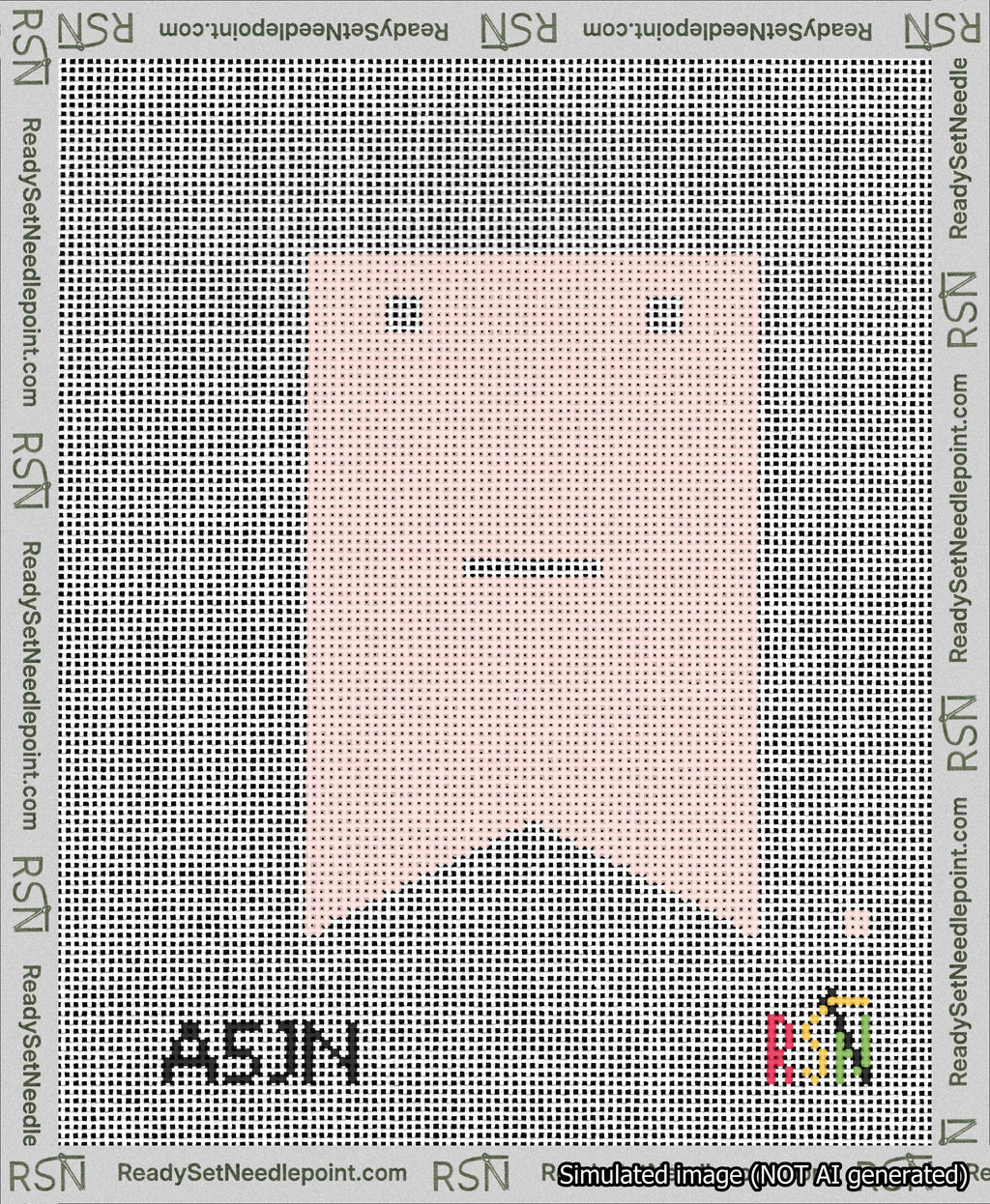 A taped needlepoint canvas with the design: Banner 13 mesh count Forked Dash White on Pink.