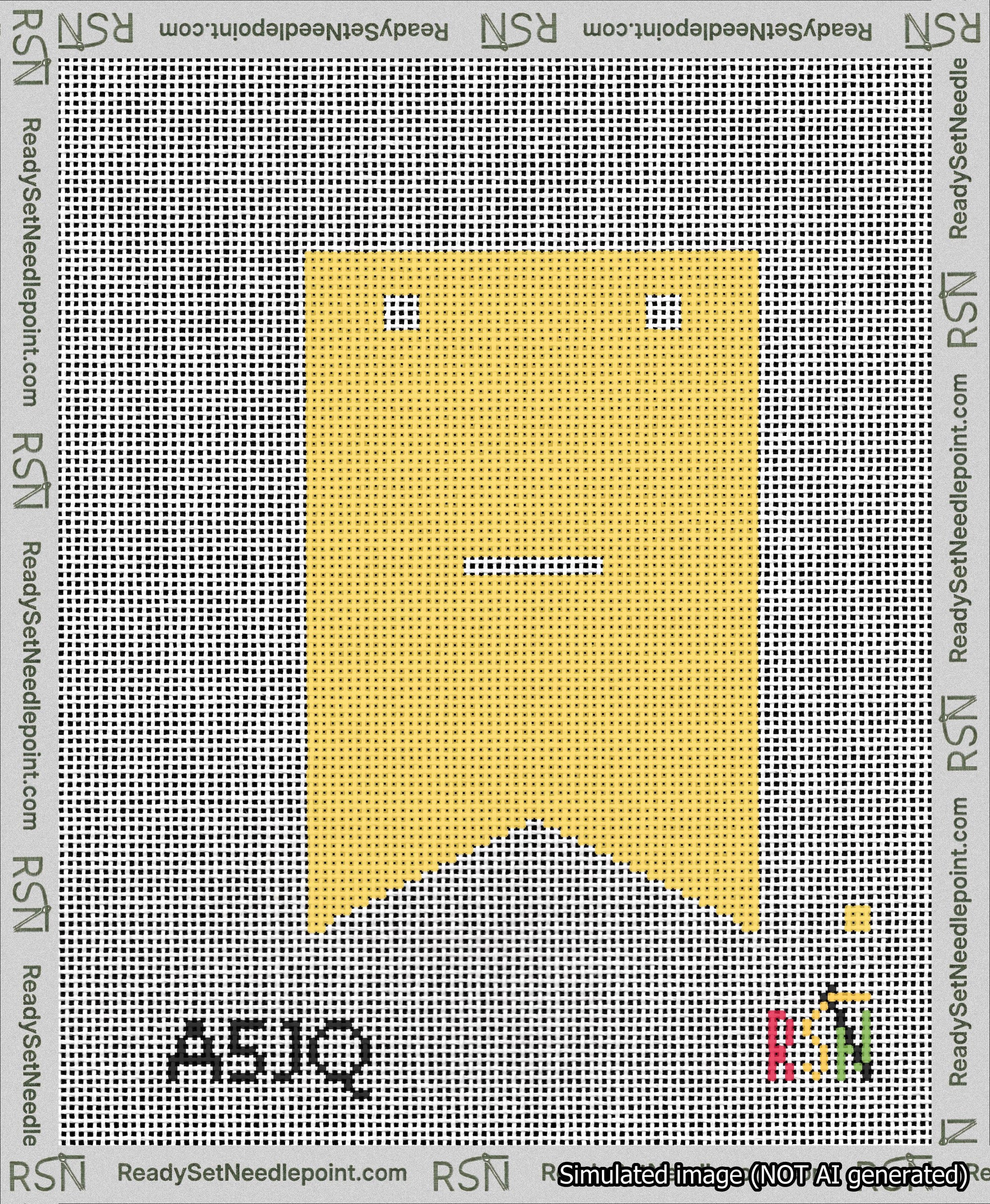 A taped needlepoint canvas with the design: Banner 13 mesh count Forked Dash White on Yellow.