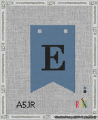 A taped needlepoint canvas with the design: Banner 13 mesh count Forked E Black on Blue.