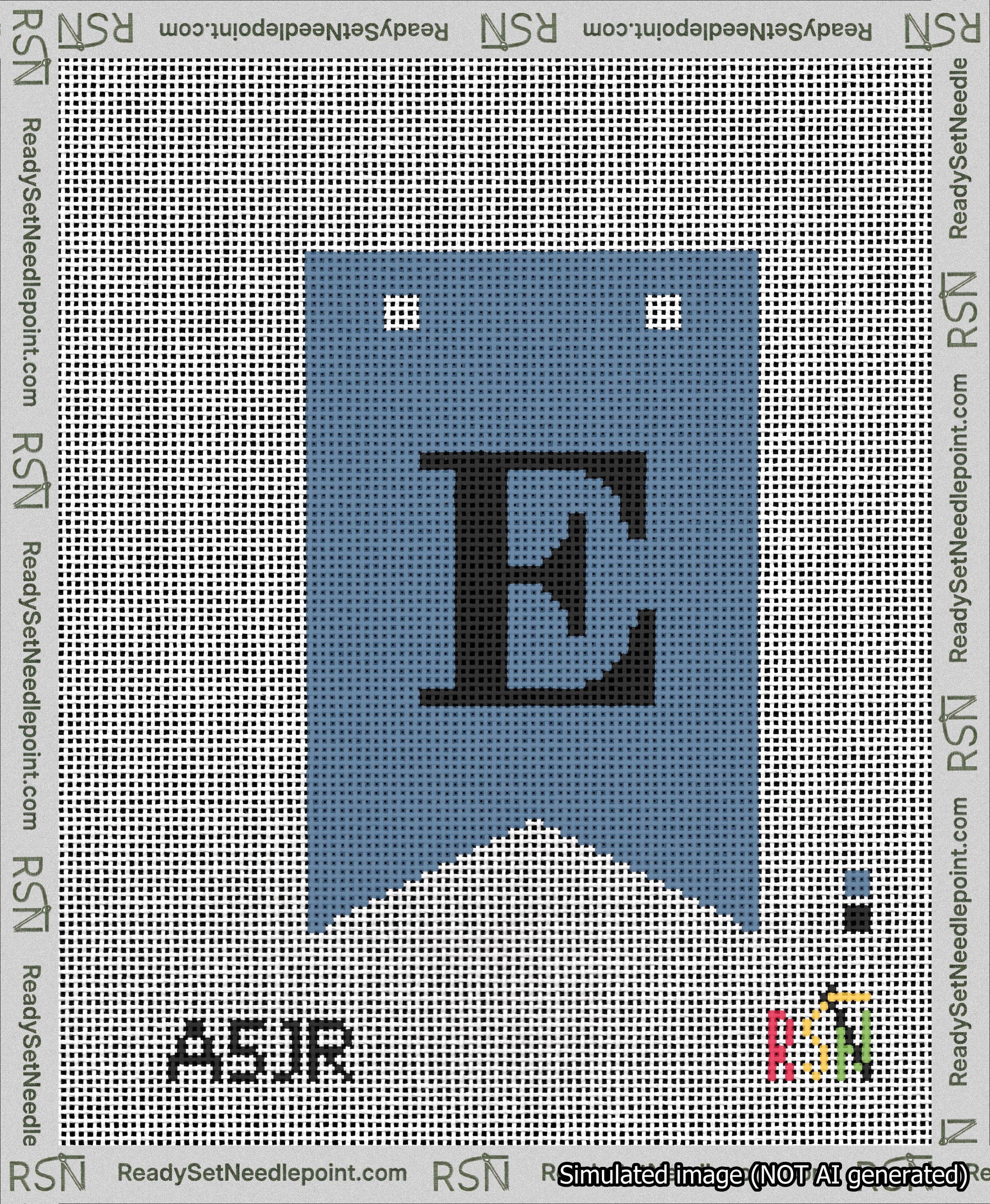 A taped needlepoint canvas with the design: Banner 13 mesh count Forked E Black on Blue.