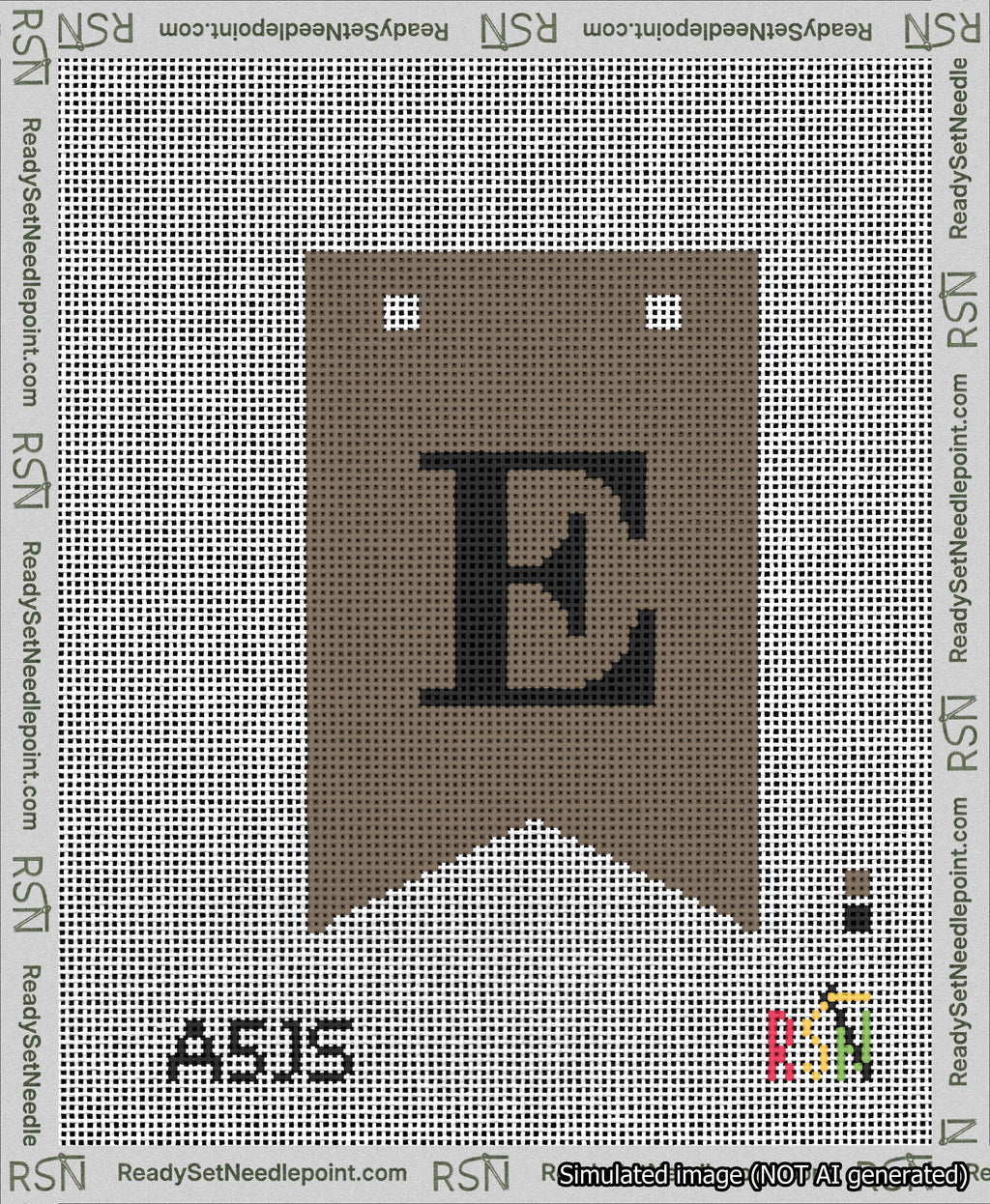 A taped needlepoint canvas with the design: Banner 13 mesh count Forked E Black on Brown.