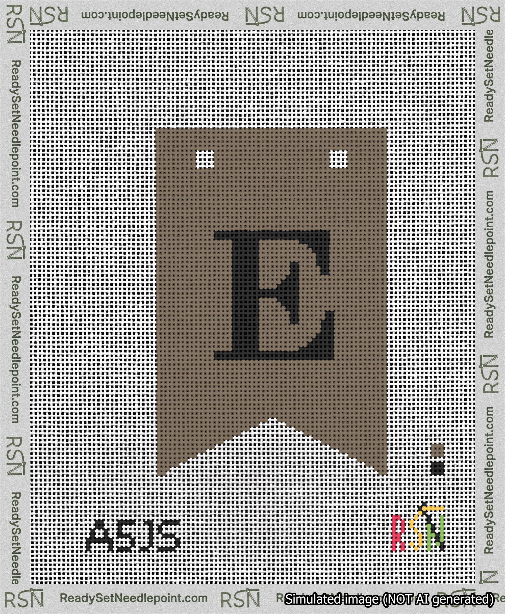 A taped needlepoint canvas with the design: Banner 13 mesh count Forked E Black on Brown.