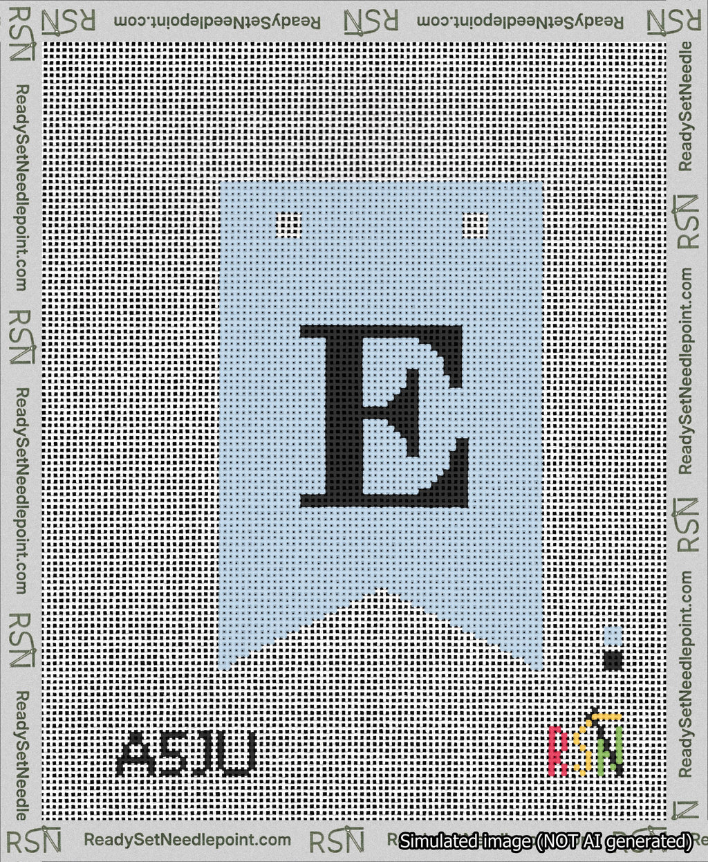 A taped needlepoint canvas with the design: Banner 13 mesh count Forked E Black on Light Blue.