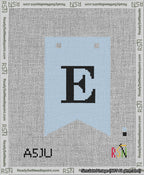 A taped needlepoint canvas with the design: Banner 13 mesh count Forked E Black on Light Blue.