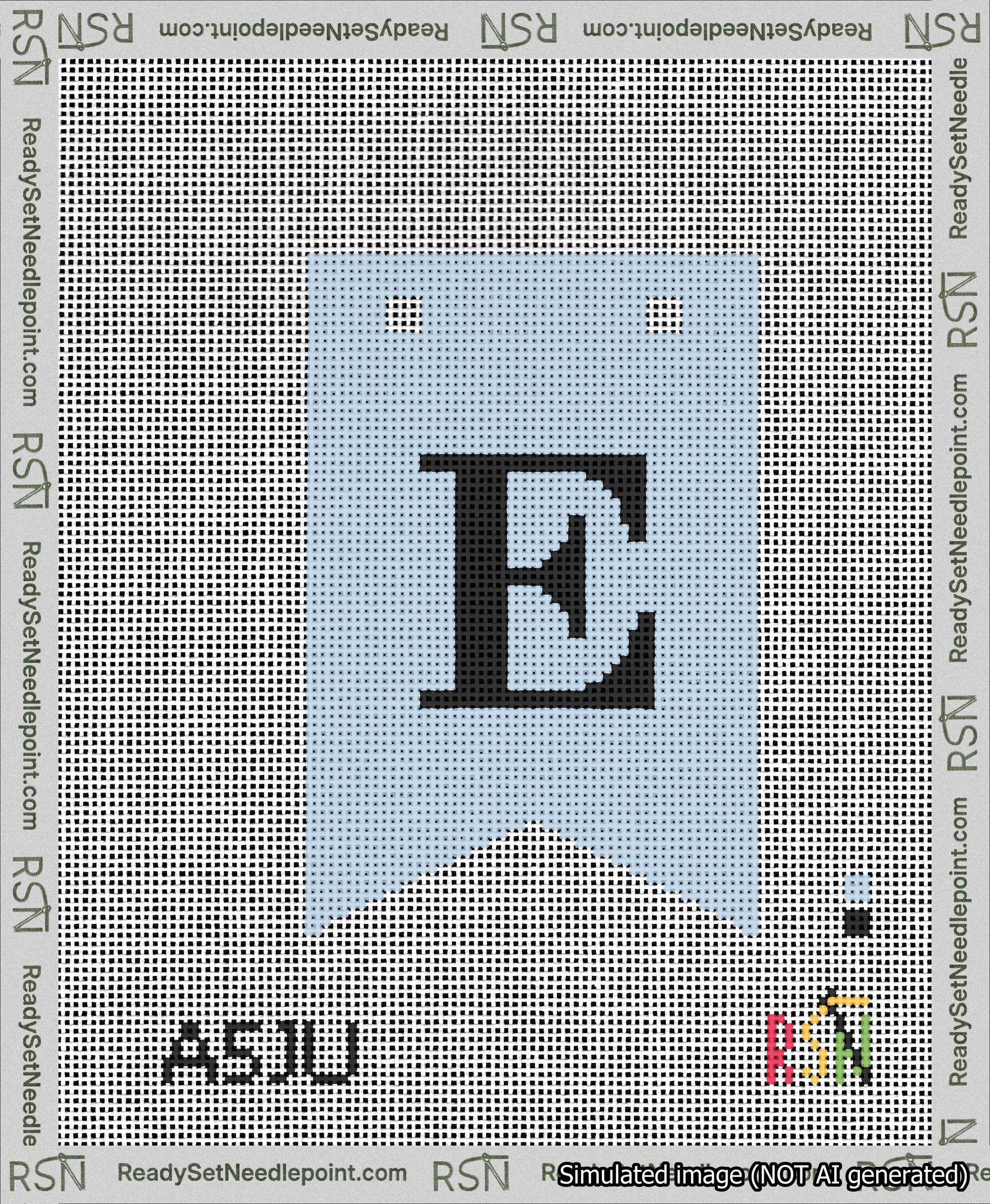 A taped needlepoint canvas with the design: Banner 13 mesh count Forked E Black on Light Blue.