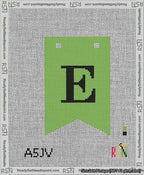 A taped needlepoint canvas with the design: Banner 13 mesh count Forked E Black on Light Green.