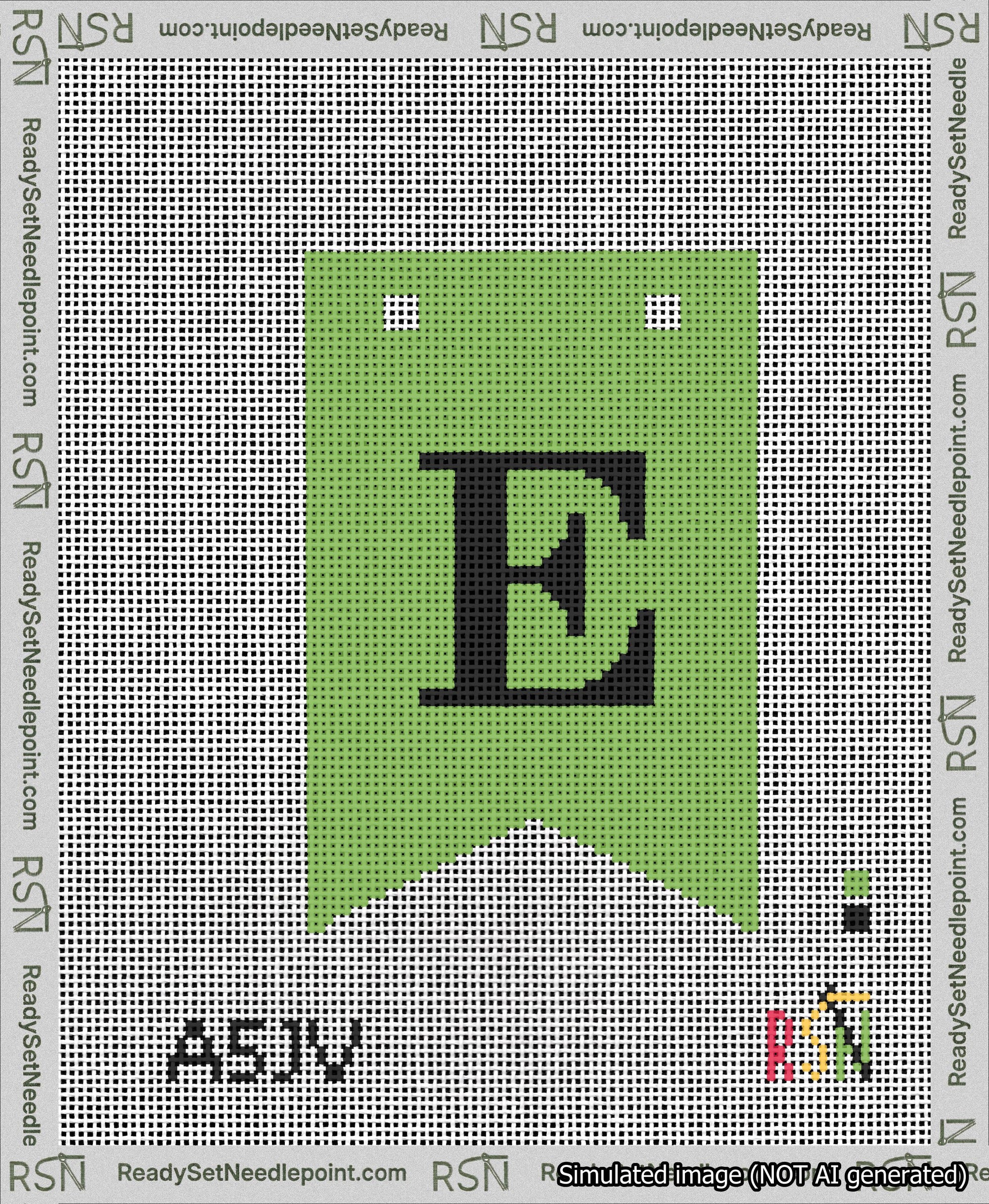 A taped needlepoint canvas with the design: Banner 13 mesh count Forked E Black on Light Green.