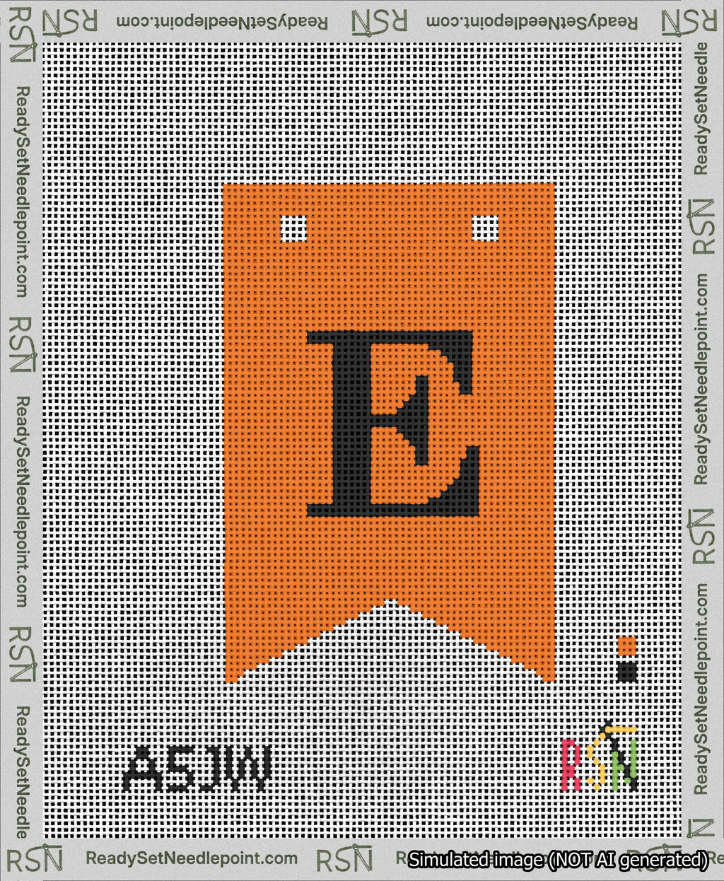 A taped needlepoint canvas with the design: Banner 13 mesh count Forked E Black on Orange.