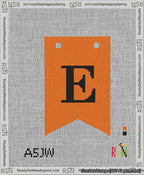 A taped needlepoint canvas with the design: Banner 13 mesh count Forked E Black on Orange.