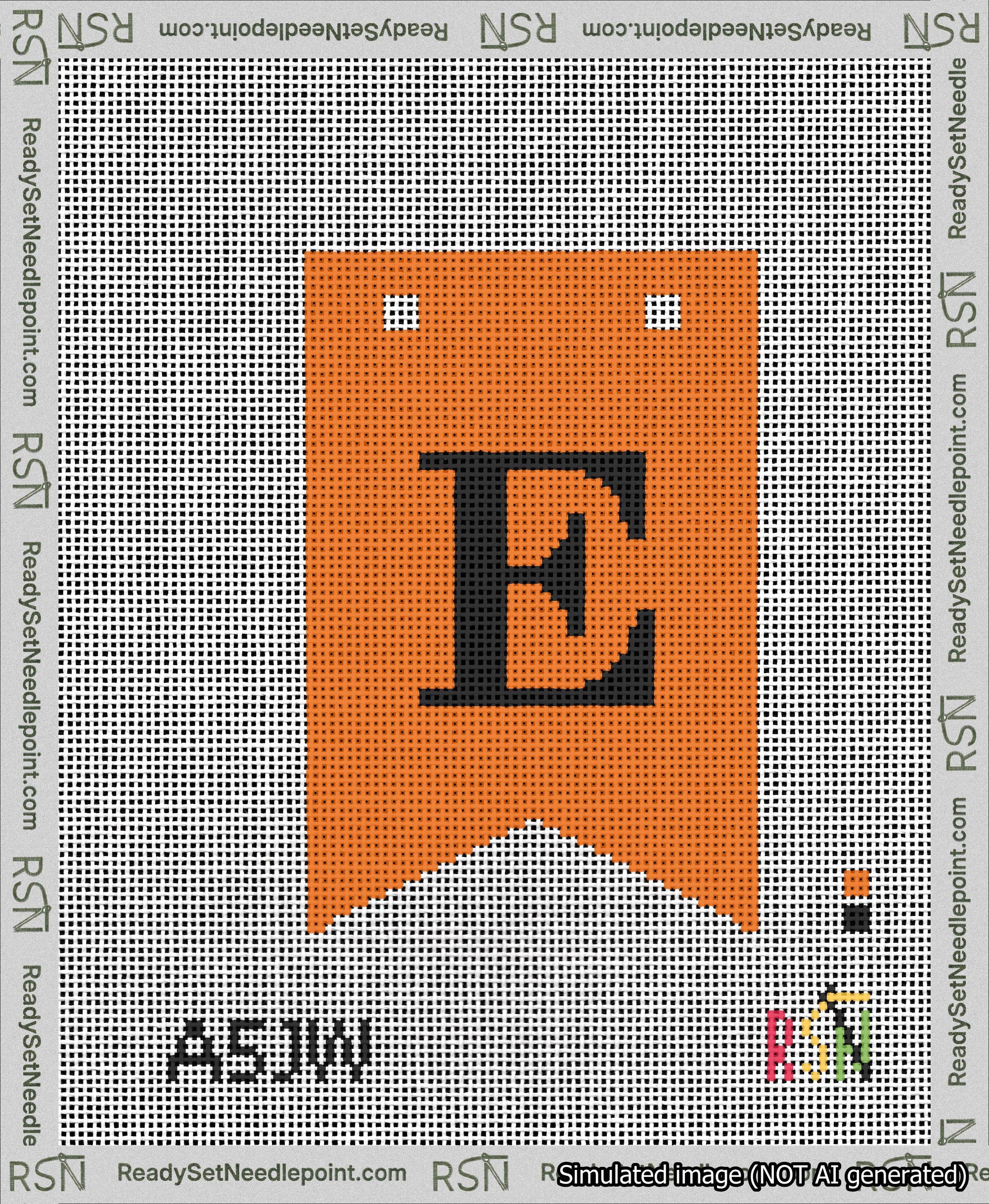 A taped needlepoint canvas with the design: Banner 13 mesh count Forked E Black on Orange.