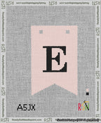 A taped needlepoint canvas with the design: Banner 13 mesh count Forked E Black on Pink.