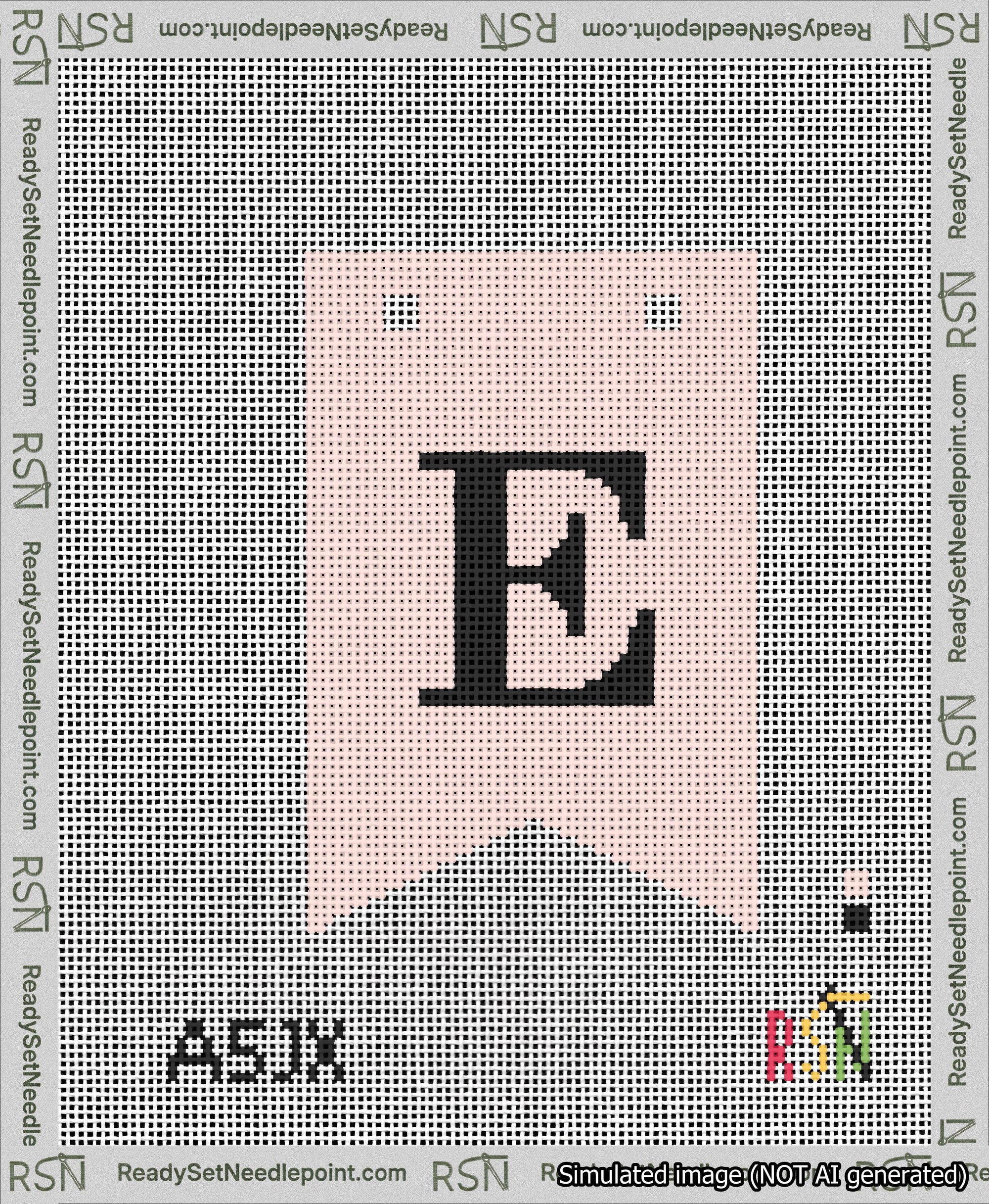 A taped needlepoint canvas with the design: Banner 13 mesh count Forked E Black on Pink.