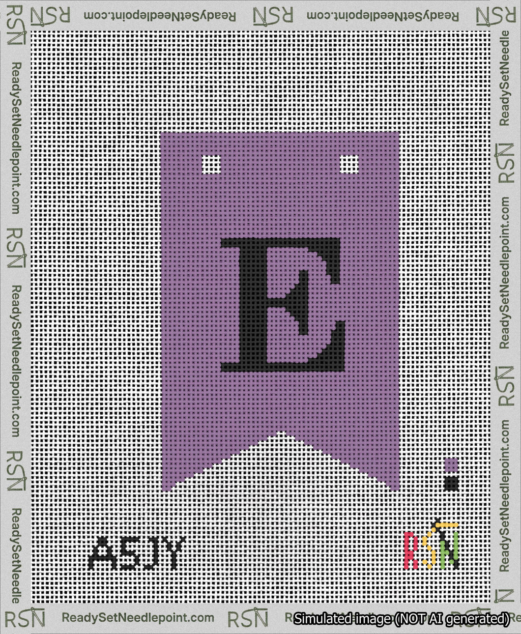 A taped needlepoint canvas with the design: Banner 13 mesh count Forked E Black on Purple.