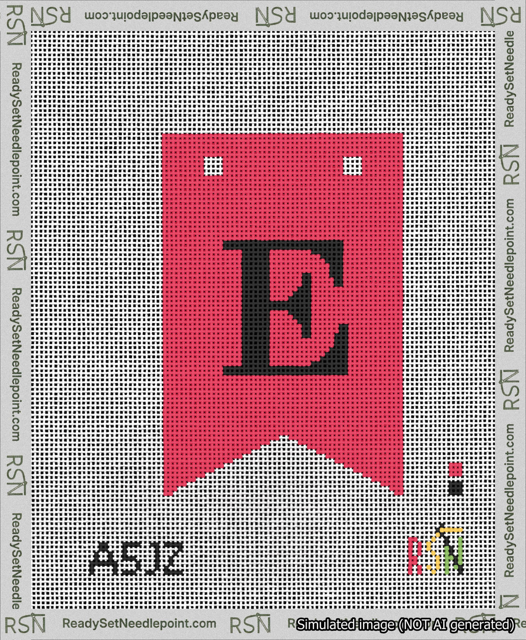 A taped needlepoint canvas with the design: Banner 13 mesh count Forked E Black on Red.