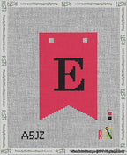 A taped needlepoint canvas with the design: Banner 13 mesh count Forked E Black on Red.