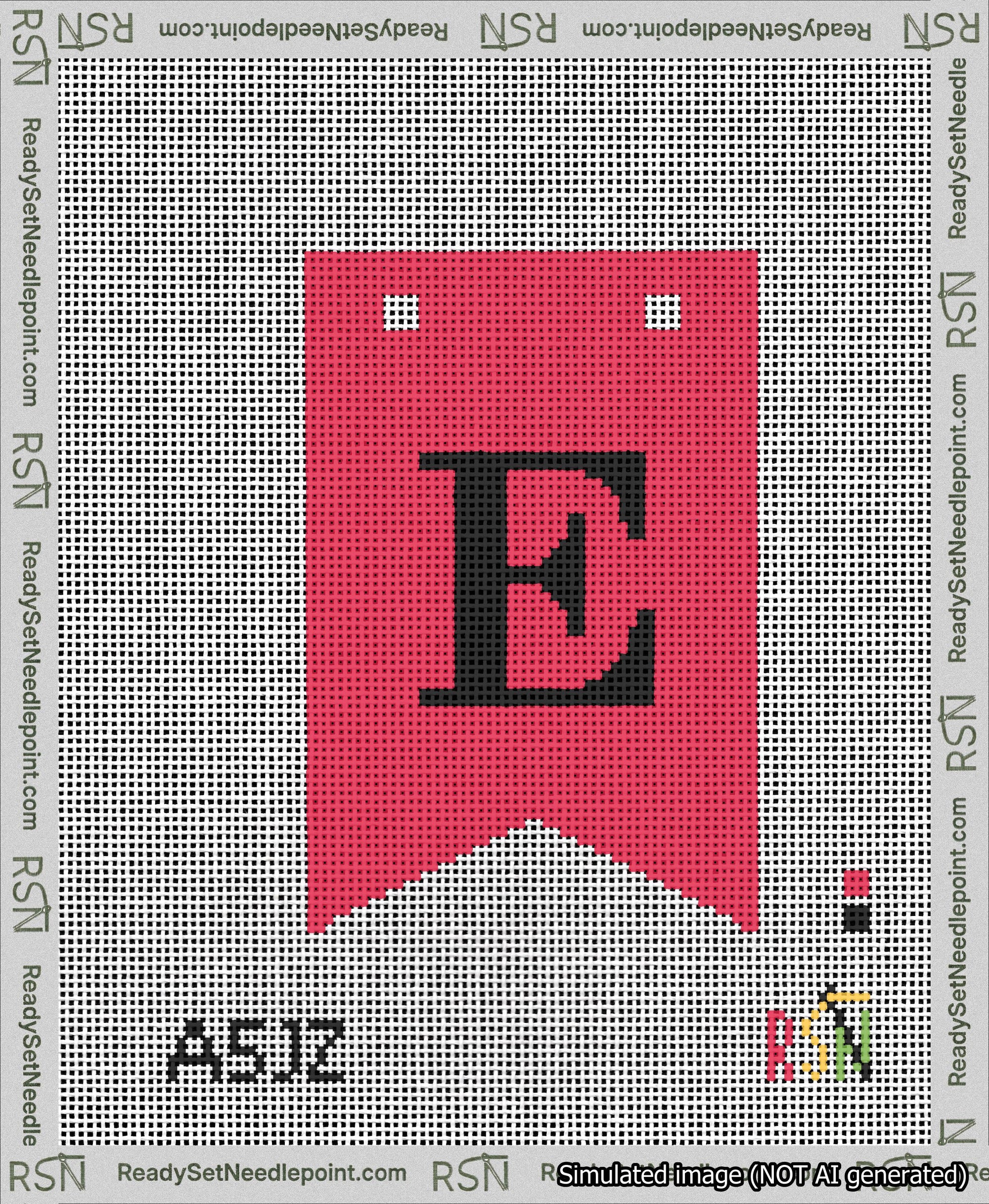 A taped needlepoint canvas with the design: Banner 13 mesh count Forked E Black on Red.