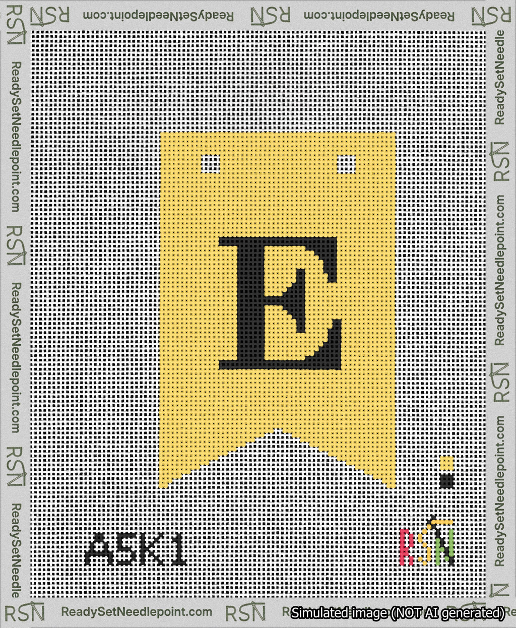 A taped needlepoint canvas with the design: Banner 13 mesh count Forked E Black on Yellow.
