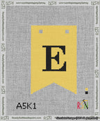 A taped needlepoint canvas with the design: Banner 13 mesh count Forked E Black on Yellow.