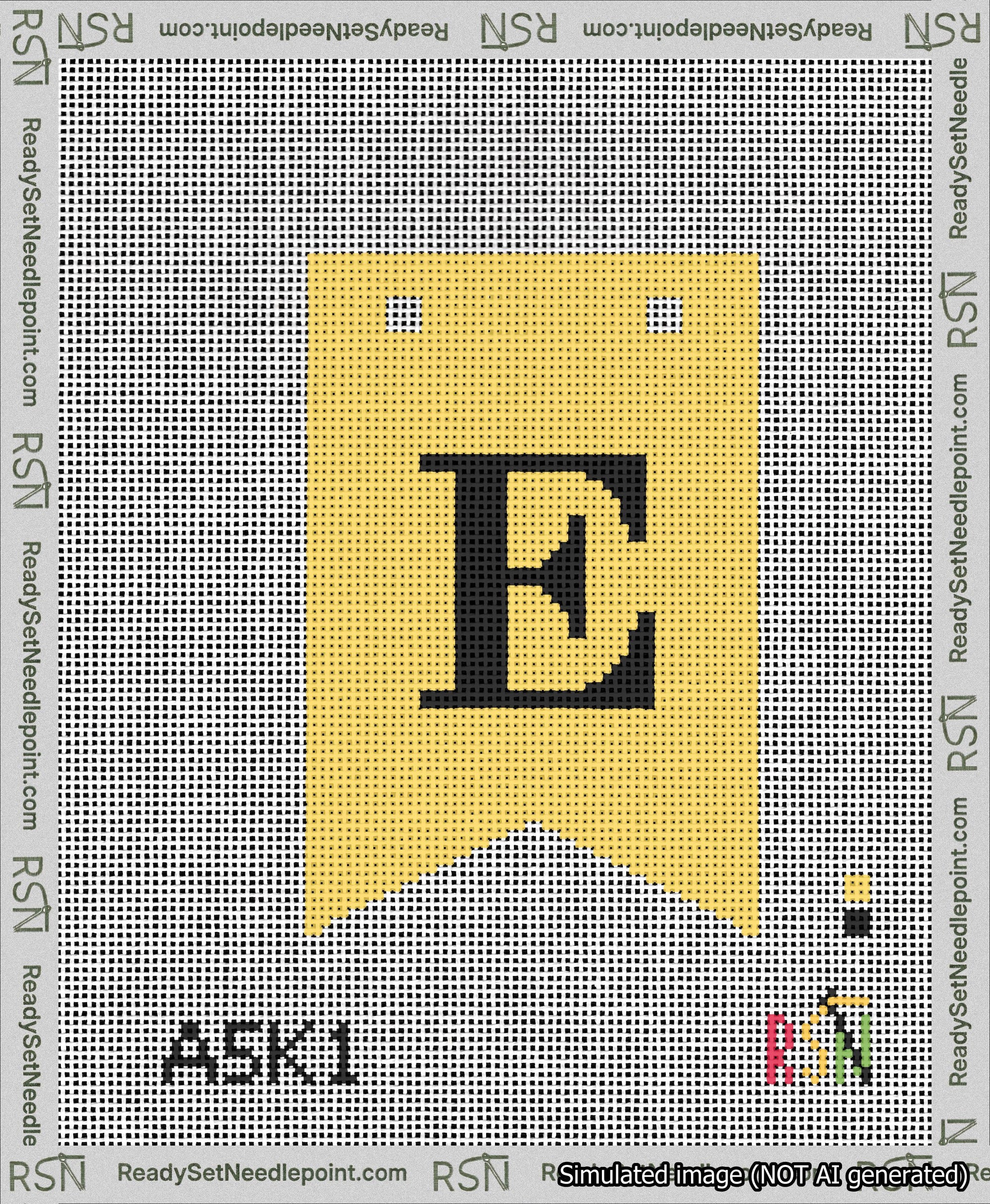 A taped needlepoint canvas with the design: Banner 13 mesh count Forked E Black on Yellow.