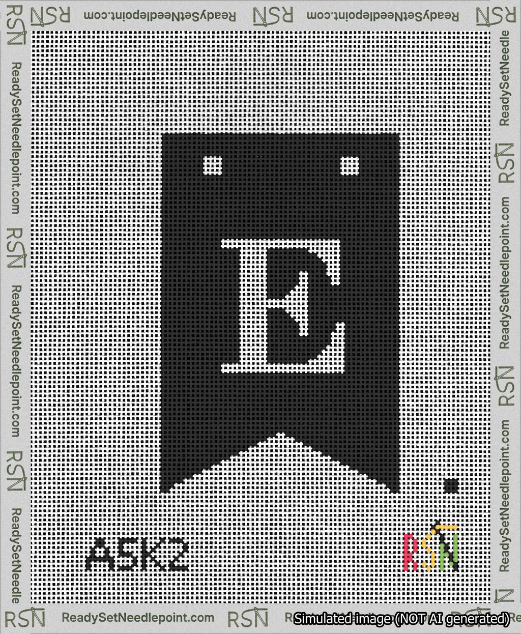 A taped needlepoint canvas with the design: Banner 13 mesh count Forked E White on Black.