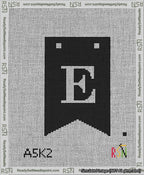 A taped needlepoint canvas with the design: Banner 13 mesh count Forked E White on Black.