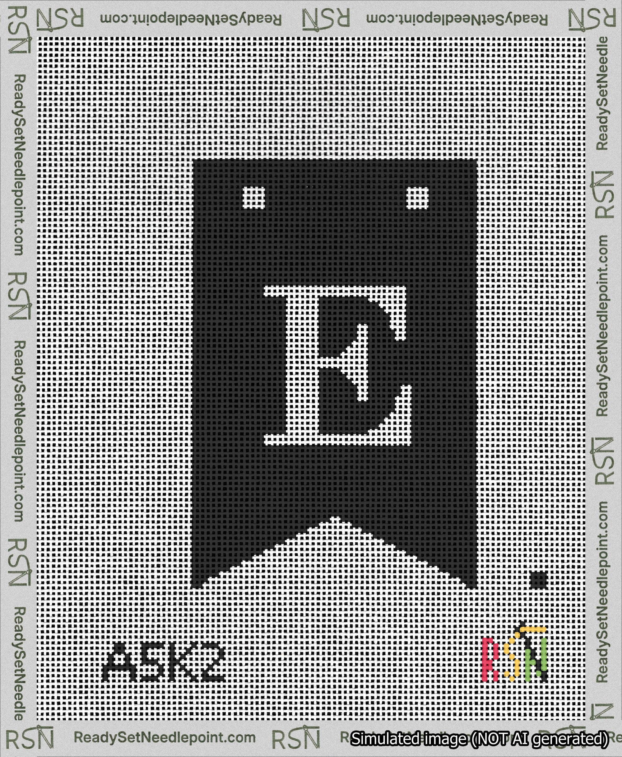 A taped needlepoint canvas with the design: Banner 13 mesh count Forked E White on Black.