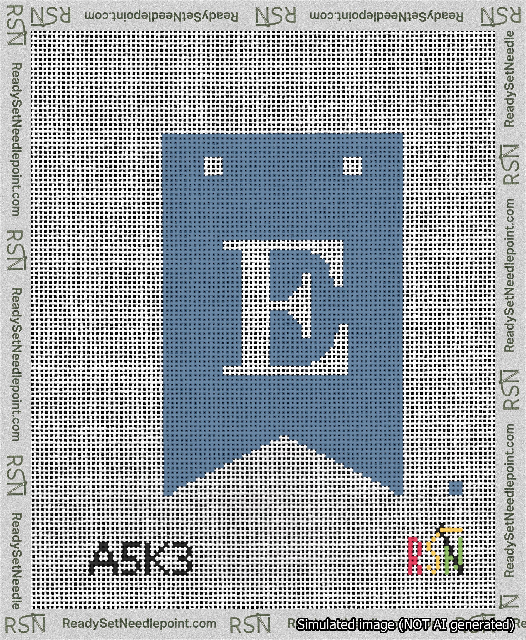 A taped needlepoint canvas with the design: Banner 13 mesh count Forked E White on Blue.