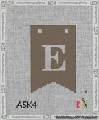 A taped needlepoint canvas with the design: Banner 13 mesh count Forked E White on Brown.