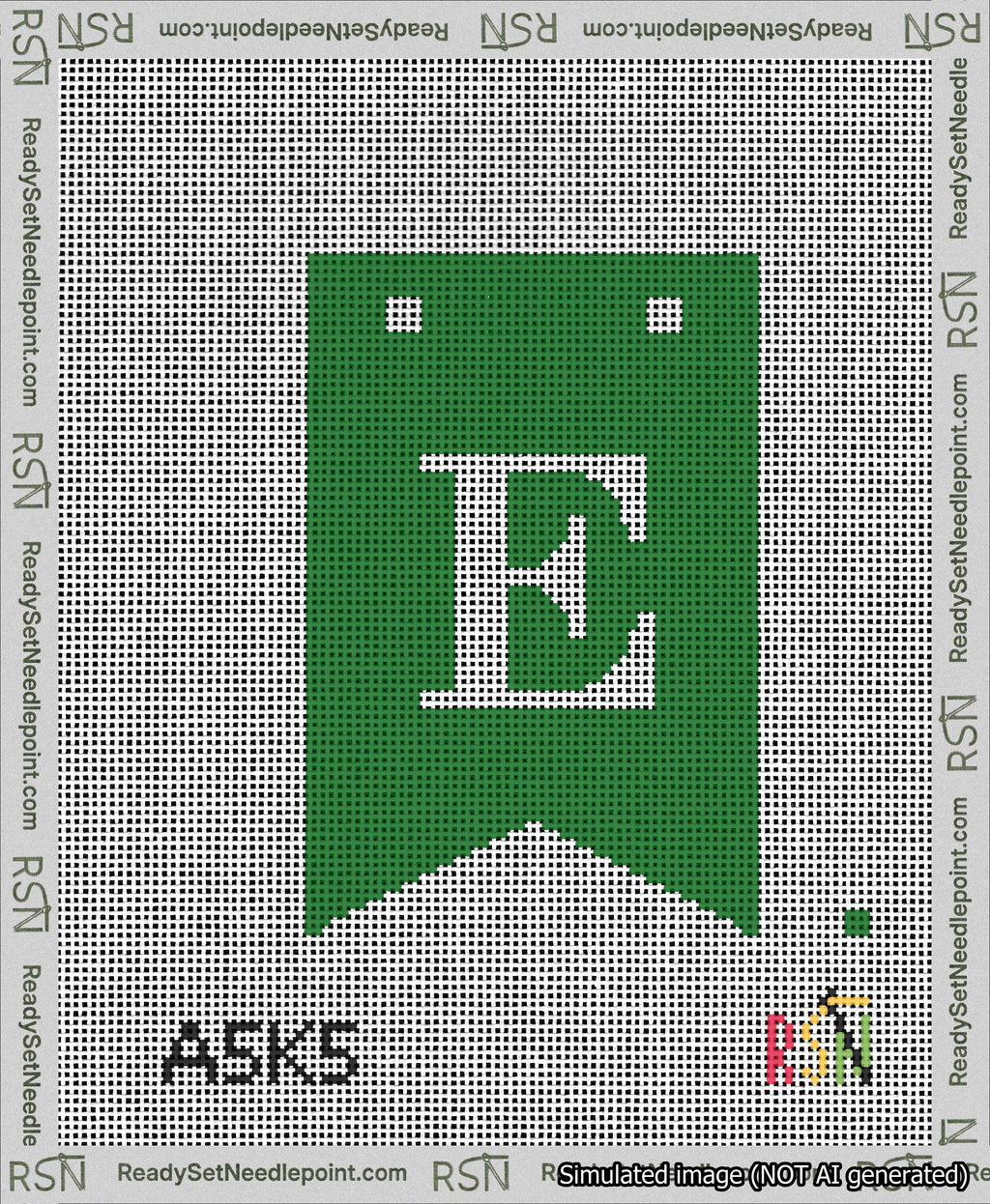 A taped needlepoint canvas with the design: Banner 13 mesh count Forked E White on Green.