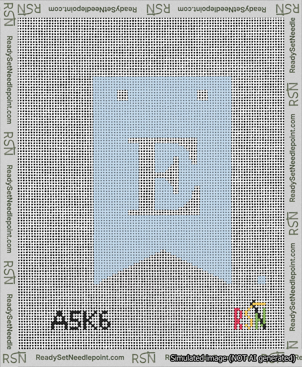 A taped needlepoint canvas with the design: Banner 13 mesh count Forked E White on Light Blue.