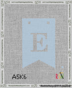 A taped needlepoint canvas with the design: Banner 13 mesh count Forked E White on Light Blue.