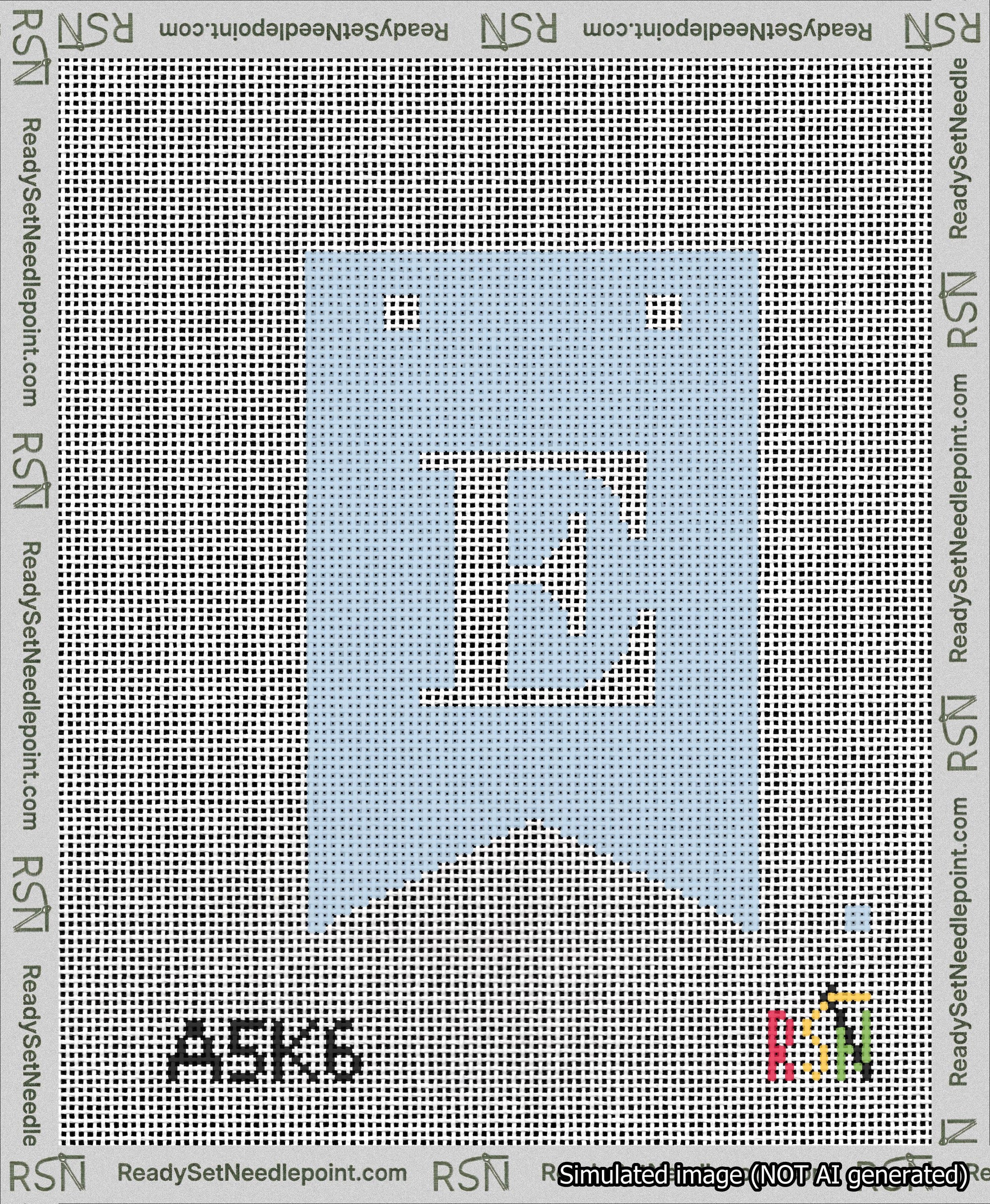 A taped needlepoint canvas with the design: Banner 13 mesh count Forked E White on Light Blue.