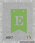 A taped needlepoint canvas with the design: Banner 13 mesh count Forked E White on Light Green.
