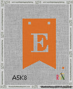 A taped needlepoint canvas with the design: Banner 13 mesh count Forked E White on Orange.
