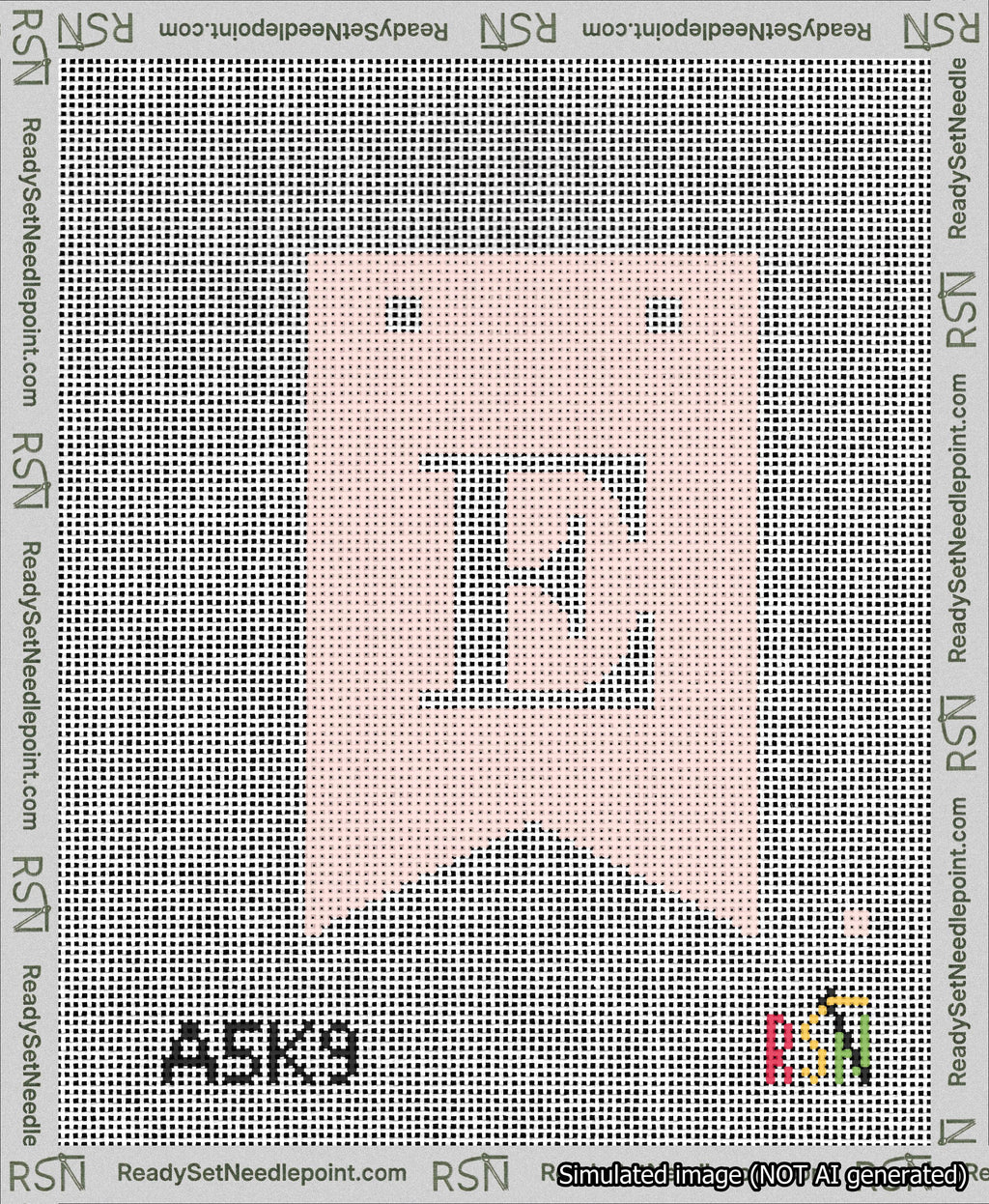 A taped needlepoint canvas with the design: Banner 13 mesh count Forked E White on Pink.