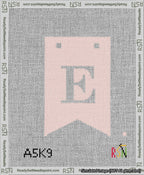A taped needlepoint canvas with the design: Banner 13 mesh count Forked E White on Pink.