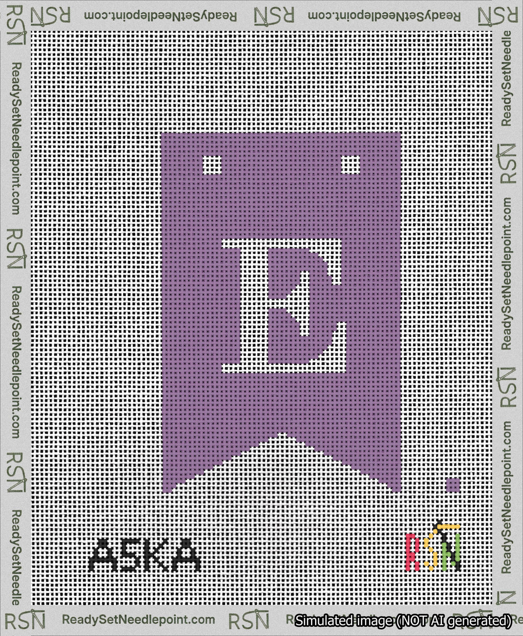 A taped needlepoint canvas with the design: Banner 13 mesh count Forked E White on Purple.