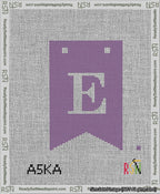 A taped needlepoint canvas with the design: Banner 13 mesh count Forked E White on Purple.