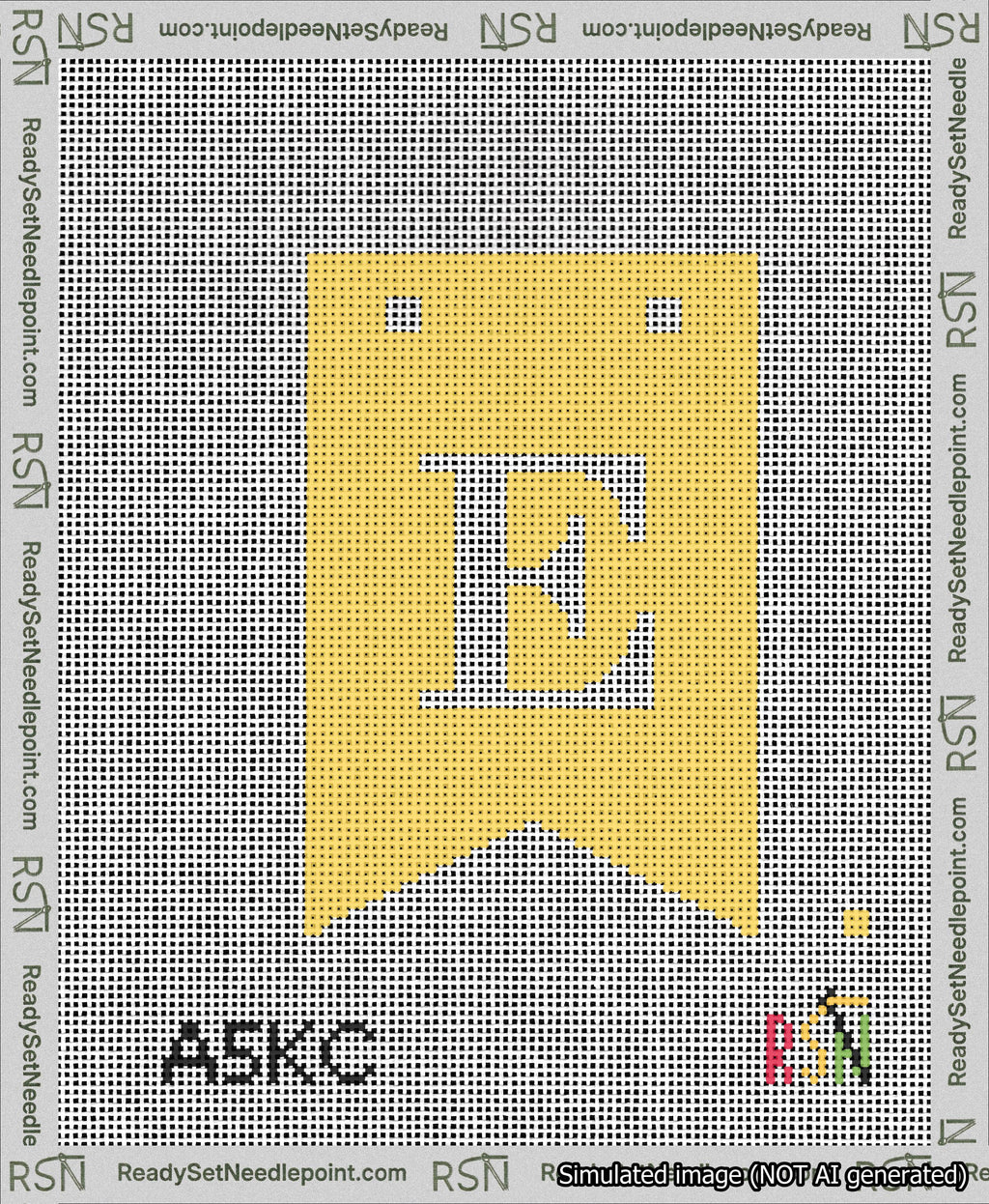 A taped needlepoint canvas with the design: Banner 13 mesh count Forked E White on Yellow.