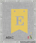A taped needlepoint canvas with the design: Banner 13 mesh count Forked E White on Yellow.