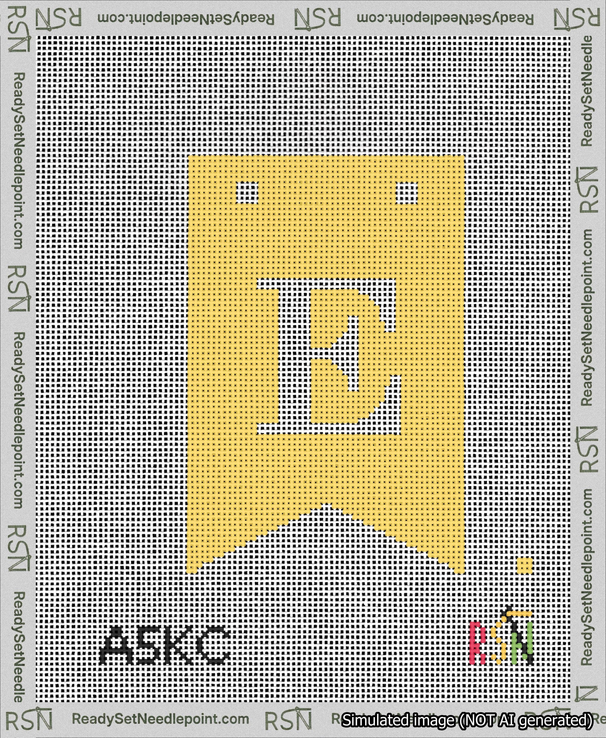 A taped needlepoint canvas with the design: Banner 13 mesh count Forked E White on Yellow.