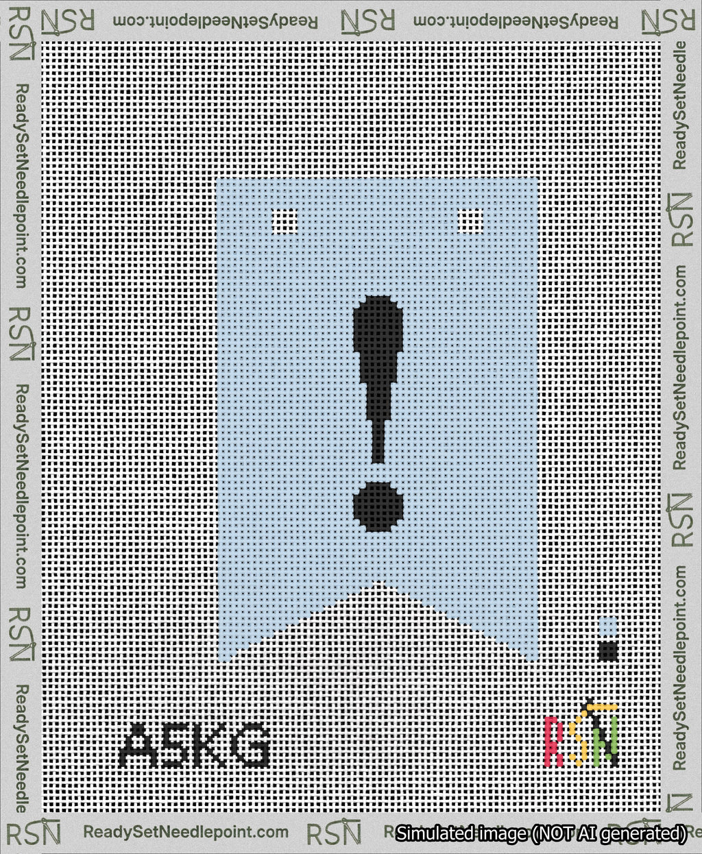 A taped needlepoint canvas with the design: Banner 13 mesh count Forked Exclamation Black on Light Blue.