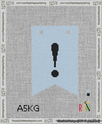 A taped needlepoint canvas with the design: Banner 13 mesh count Forked Exclamation Black on Light Blue.