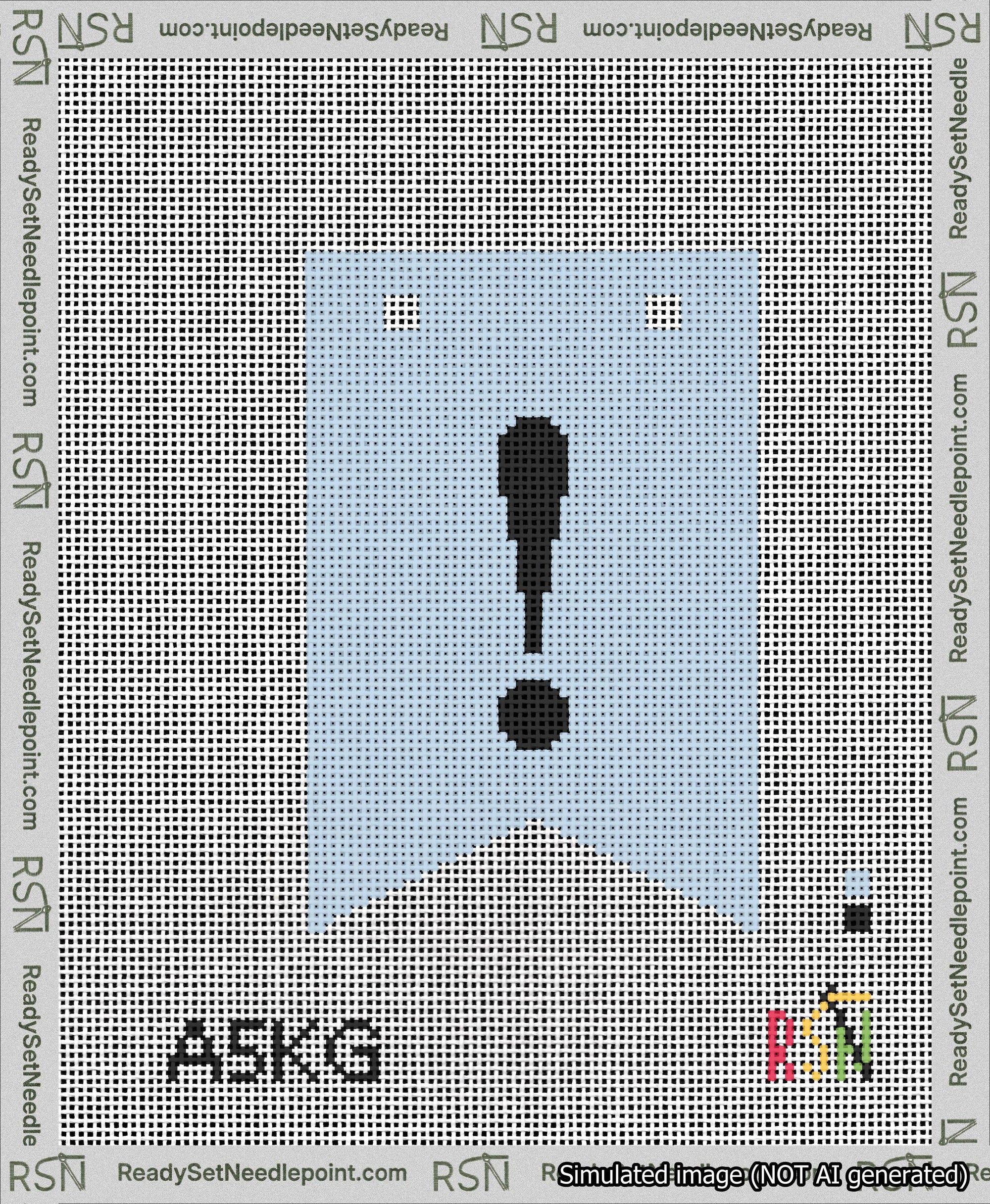 A taped needlepoint canvas with the design: Banner 13 mesh count Forked Exclamation Black on Light Blue.