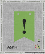 A taped needlepoint canvas with the design: Banner 13 mesh count Forked Exclamation Black on Light Green.