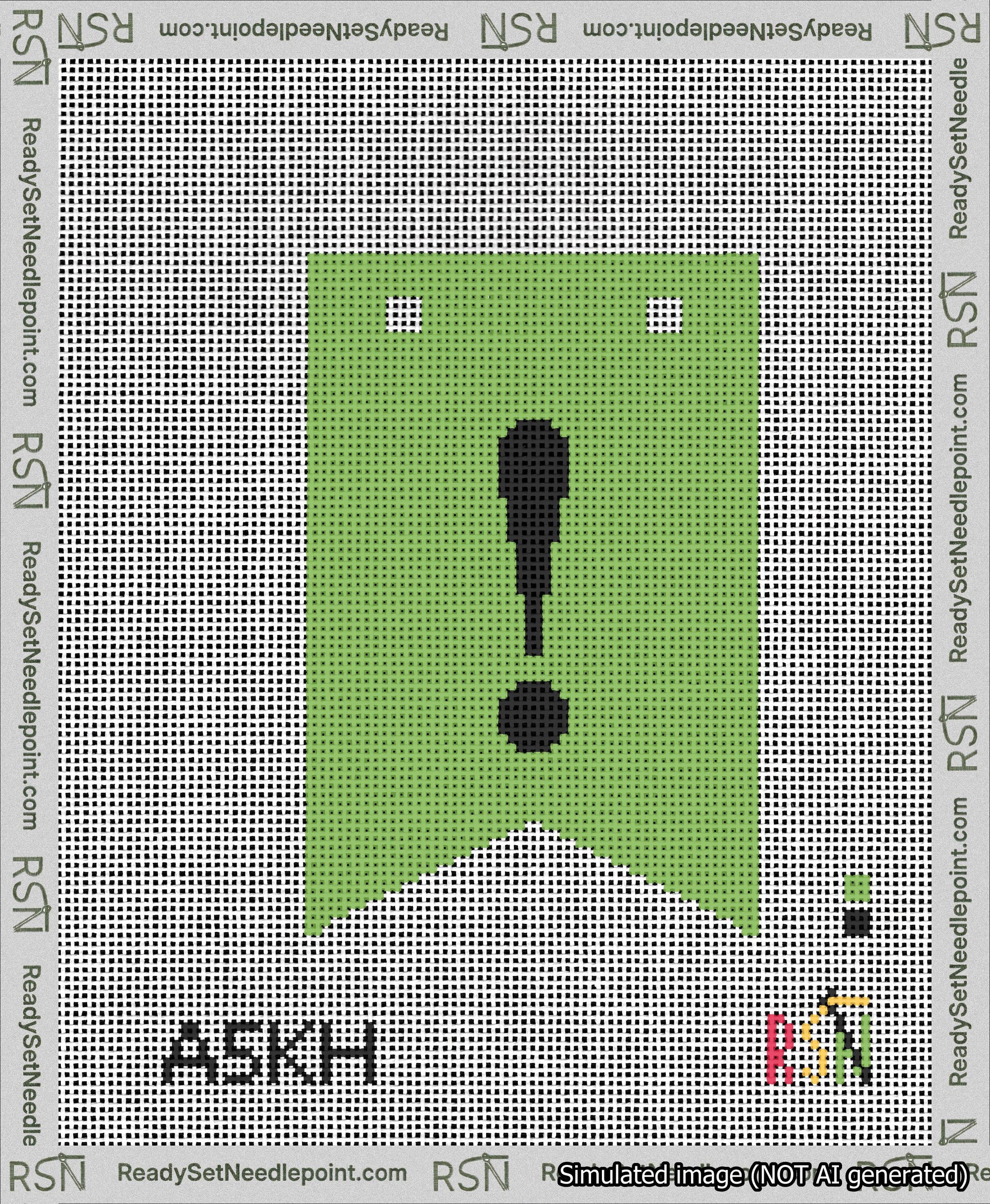 A taped needlepoint canvas with the design: Banner 13 mesh count Forked Exclamation Black on Light Green.