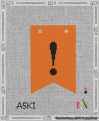 A taped needlepoint canvas with the design: Banner 13 mesh count Forked Exclamation Black on Orange.