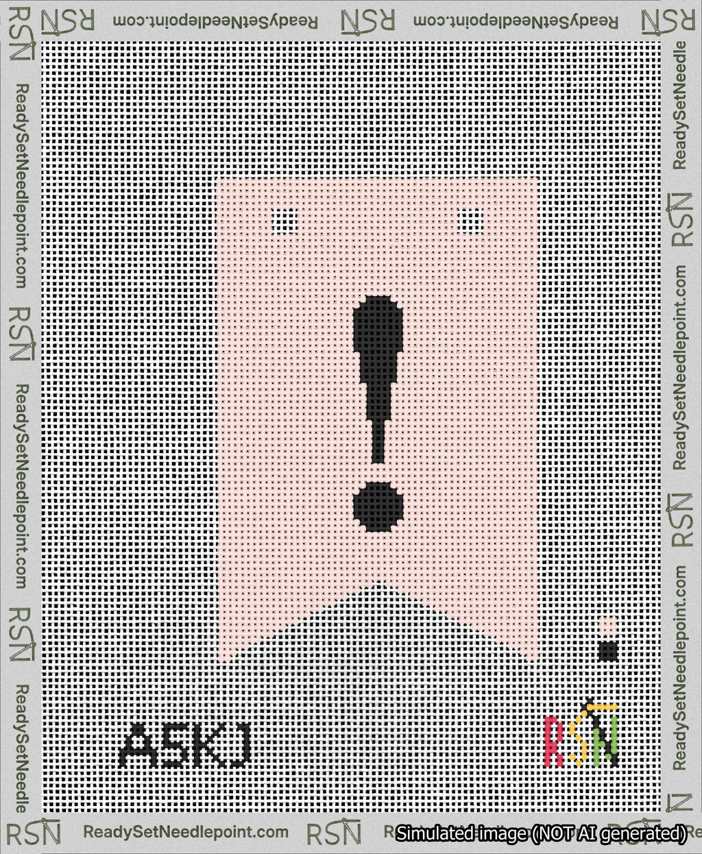 A taped needlepoint canvas with the design: Banner 13 mesh count Forked Exclamation Black on Pink.