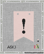 A taped needlepoint canvas with the design: Banner 13 mesh count Forked Exclamation Black on Pink.