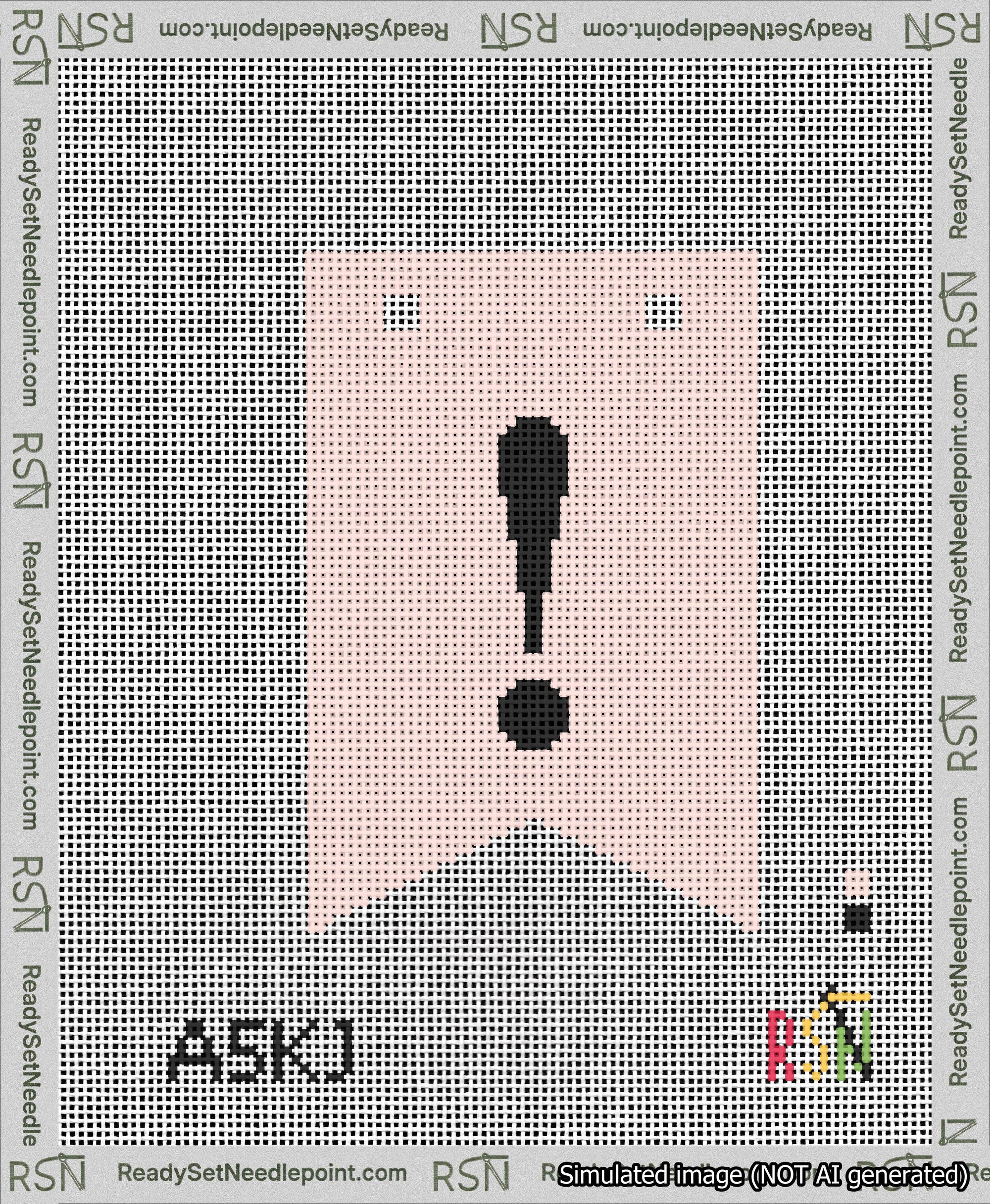 A taped needlepoint canvas with the design: Banner 13 mesh count Forked Exclamation Black on Pink.